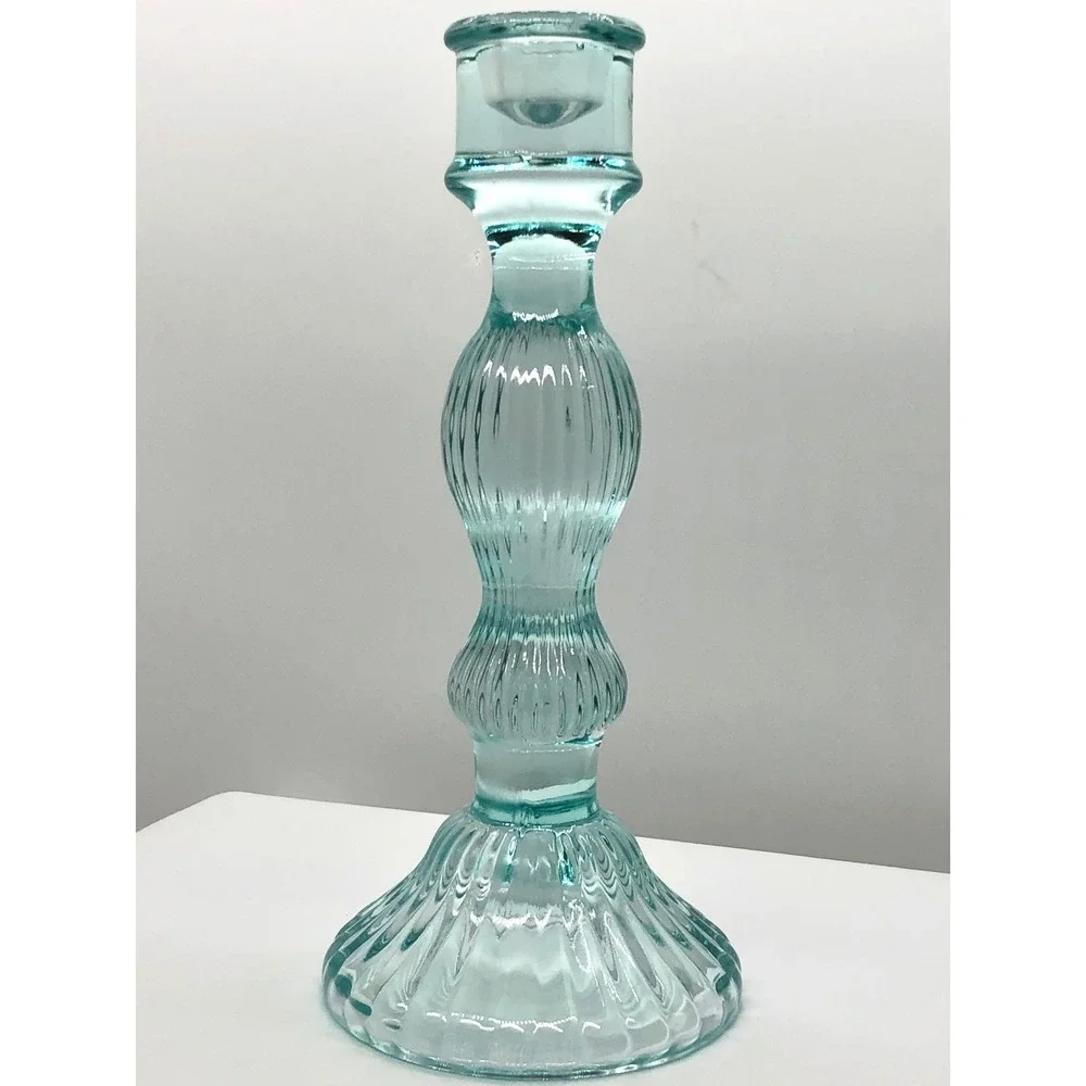 Aqua Blue Ribbed Glass Taper Candlestick Holder Vintage Style 9.75 Inch Coastal